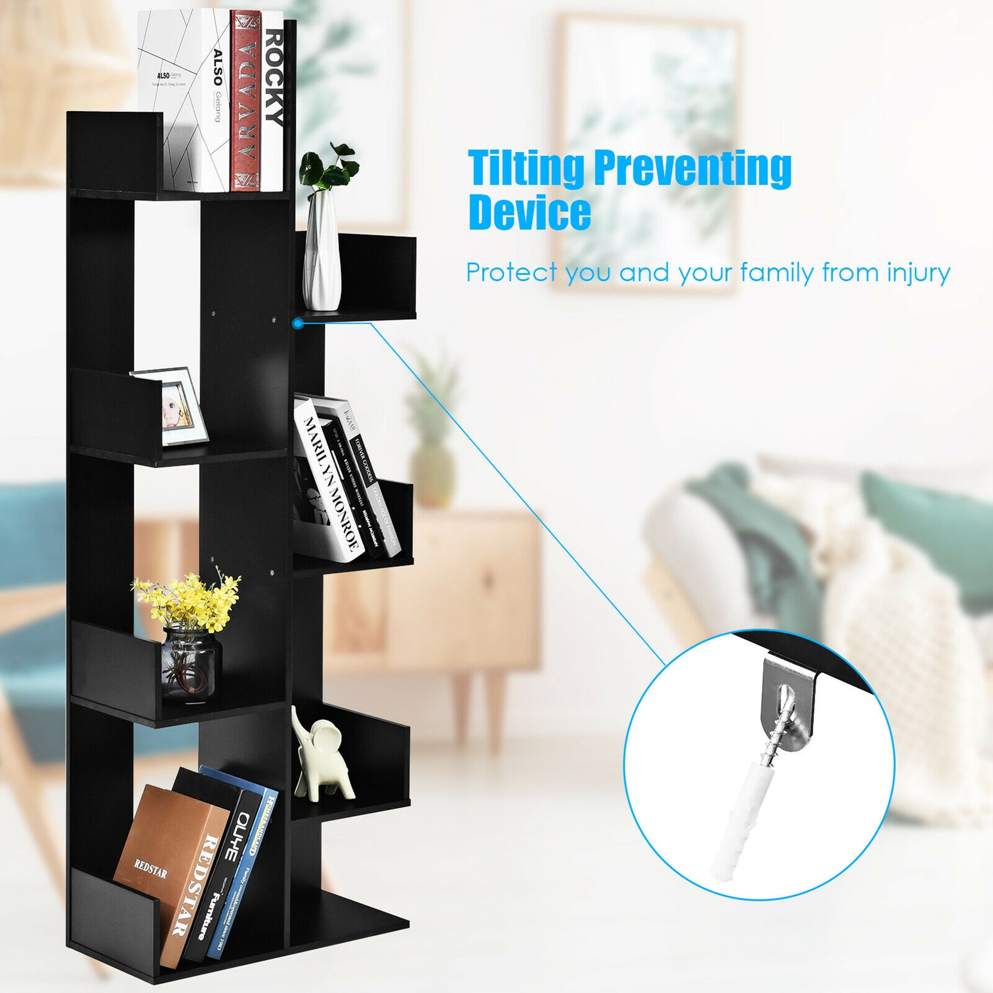 Gymax 8-Tier Bookshelf Bookcase Space-Saving Storage Rack w/8 Open Compartments Black