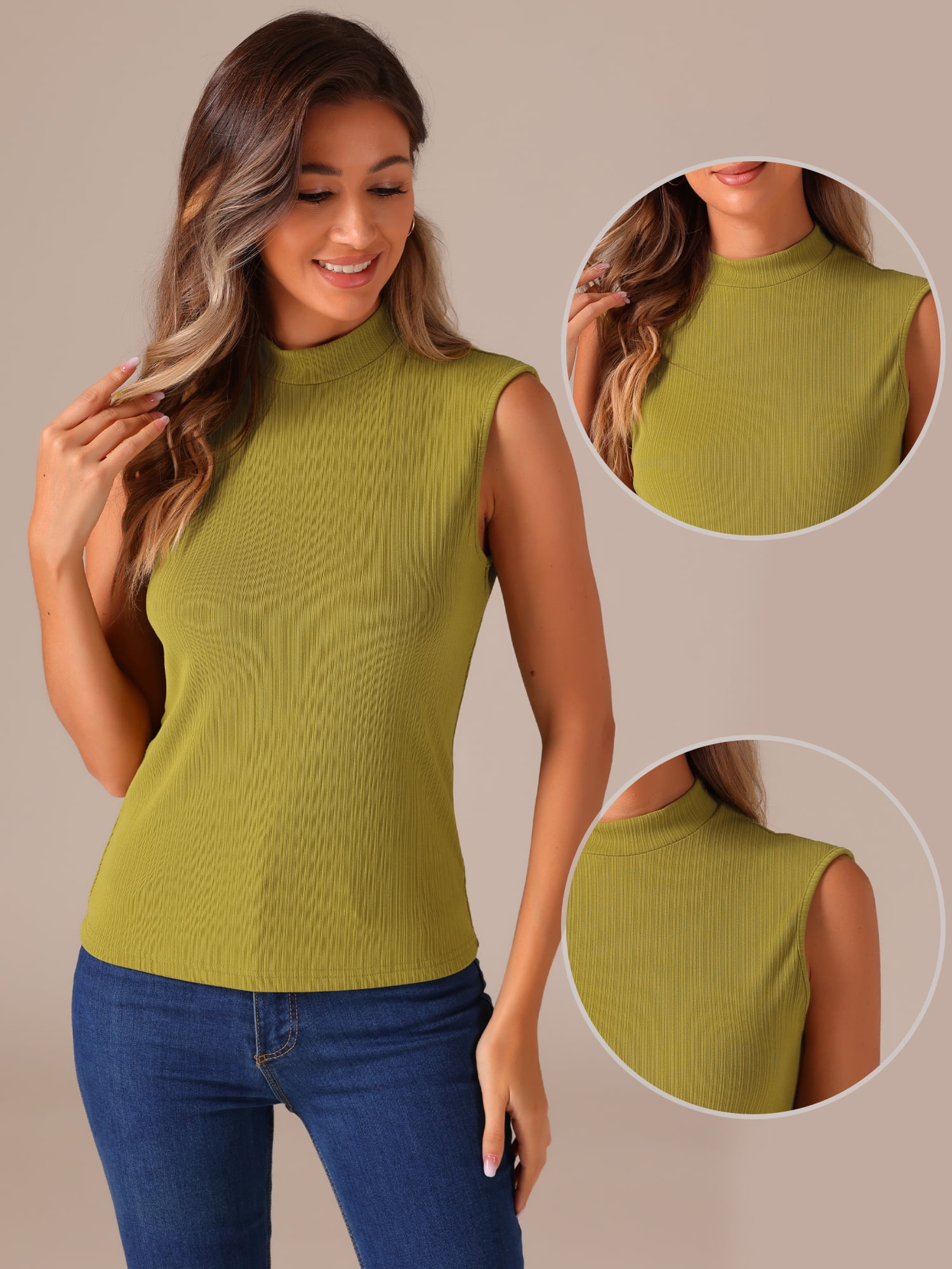 DARING DIVA Knit Ribbed Sleeveless Mock Neck Blouse M Olive Green