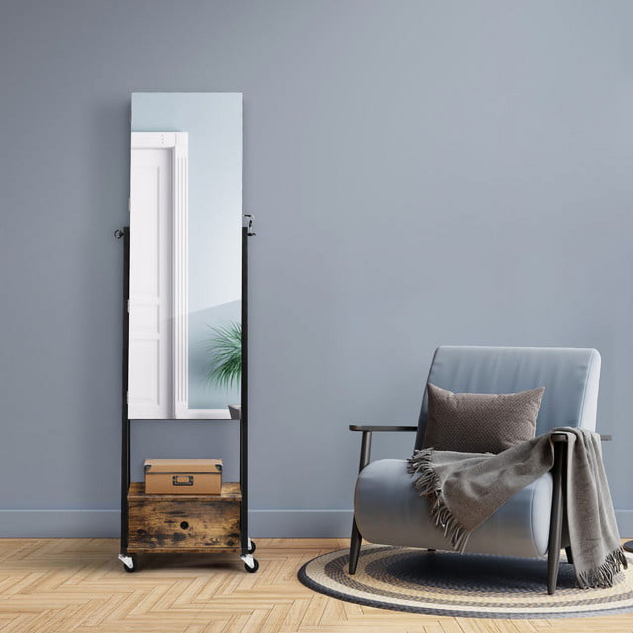 Oumilen Jewelry Armoire on Casters with Chest Drawer in Burnt Wood Brown for Adults