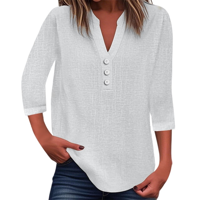 Top liso de mujer con cuello en V, botones y manga 3/4 - Estilo informal elegante, tejido de poliéster ligero