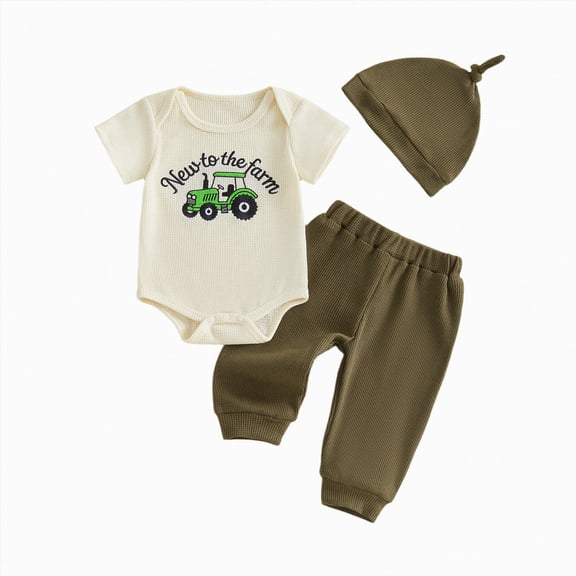 KPOPLK Baby Boy Outfit Newborn Summer Spring Clothes Infant Short Sleeve Romper Pants and Hat 3Pcs(12-18 Months,Green)