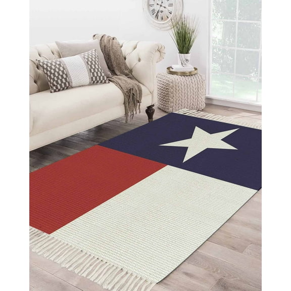 Texas Flag Red Blue and White Large Area Rug 4x6ft Woven Runner Rug, Washable Living Room Bedroom Kitchen Bathroom Classroom Carpet with Tassels, Non-Shedding Indoor Outdoor Throw Door Mat
