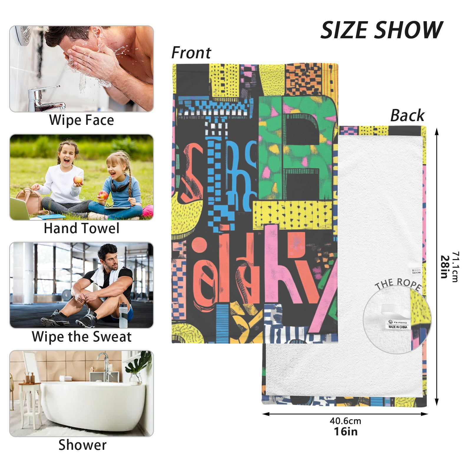 Letters Colorful Hand Towels Cotton Bath Towels Large Face Towels Absorbent for Bathroom 2 Packs