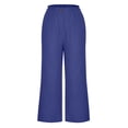 thumbnail image 4 of Usmixi Womens Loose Straight Capris Casual Solid Cotton Linen Breathable Cropped Trousers Leisure Button Elastic Waist Wide Leg 3/4 Pants with Pocket Dark Blue l, 4 of 6