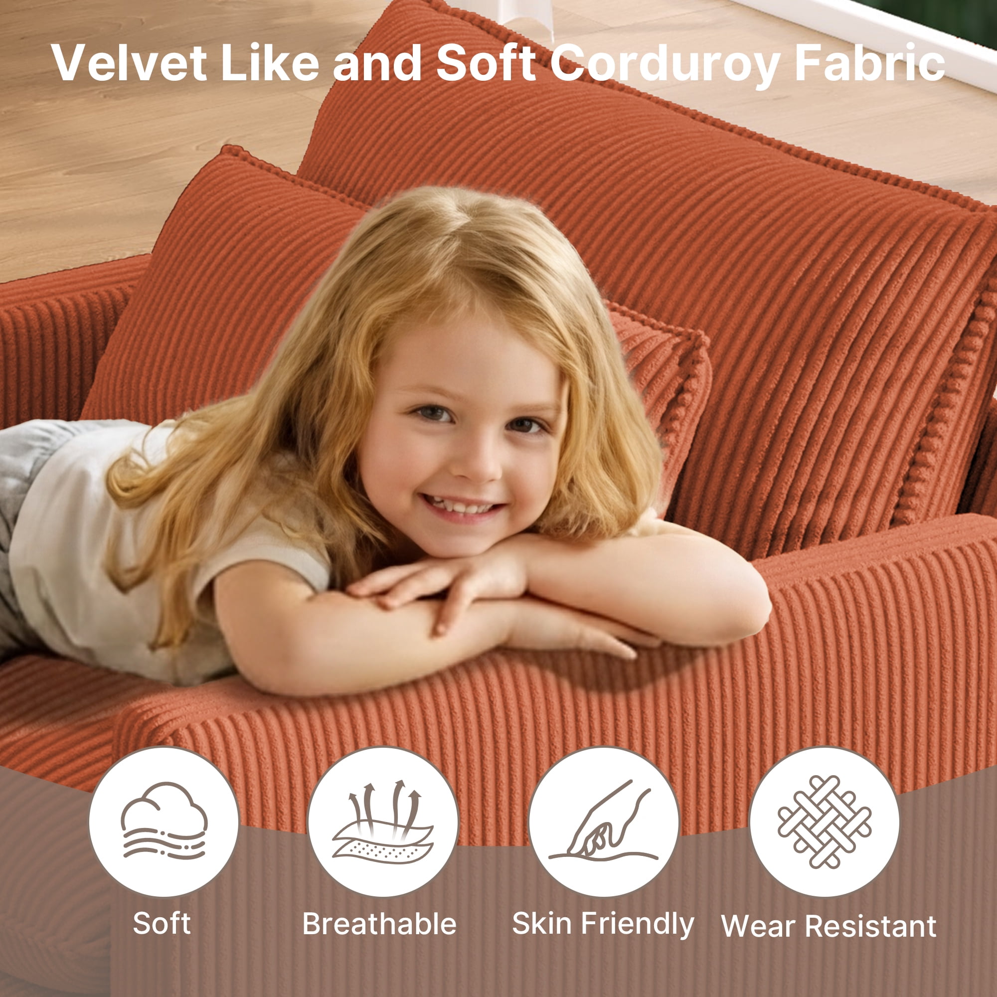 Cloud Corduroy Accent Chair, Deep Memory Foam Seat with Washable Zipper Cover & Arm Pillow, Modern Leisure Single Sofa for Living Room Bedroom Balcony, Orange