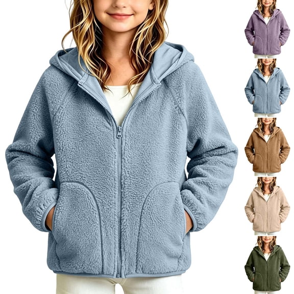DJDLJWCJ Girls Fleece Lined Jacket Solid Color Winter Warm Zip Up Jacket Kids Long Sleeve Windbreaker Jacket Purple Size 6