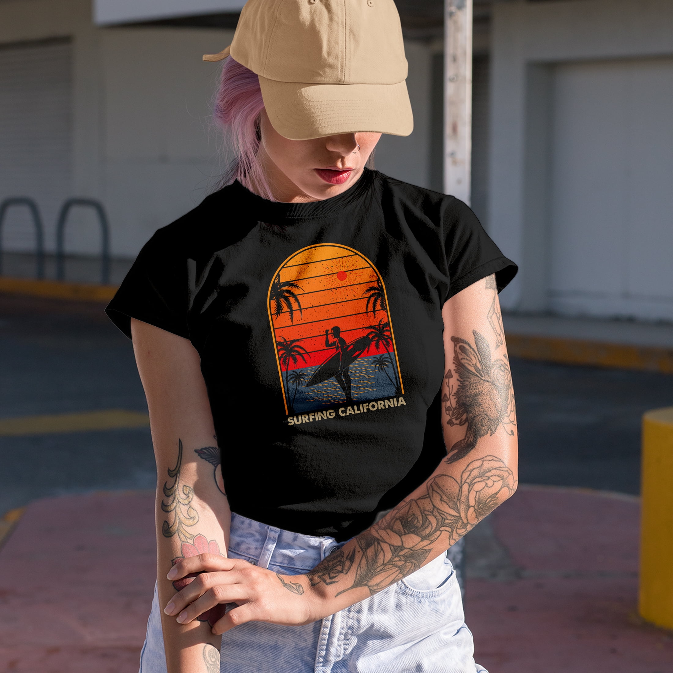 Surfing California with a Surfer, Sea & Palm Trees, Black T-Shirt, Large