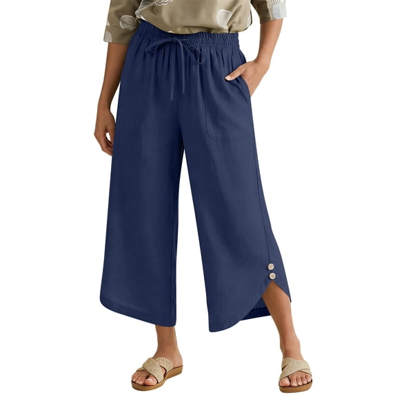 Lumtrix Womens Capris Pants High Waist Drawstring Dressy Casual Pants Lightweight Trousers Buttons With Pockets Navy L