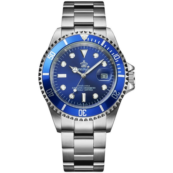 FANMIS Cadran Bleu Lunette Rotative Saphir Aiguille Lumineuse Quartz Montres pour Hommes Argent Acier Inoxydable