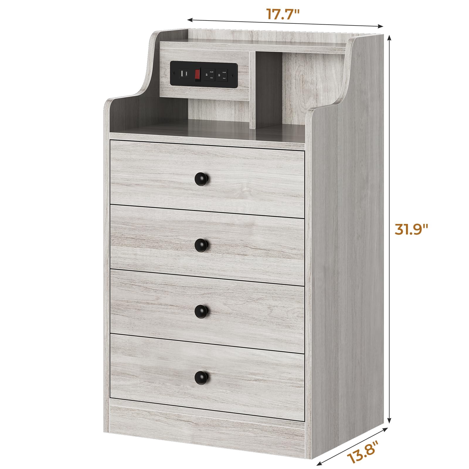 Afuhokles Nightstand with Charging Station, Bedside Table with 4 Drawers,End Table with Hutch, Gray