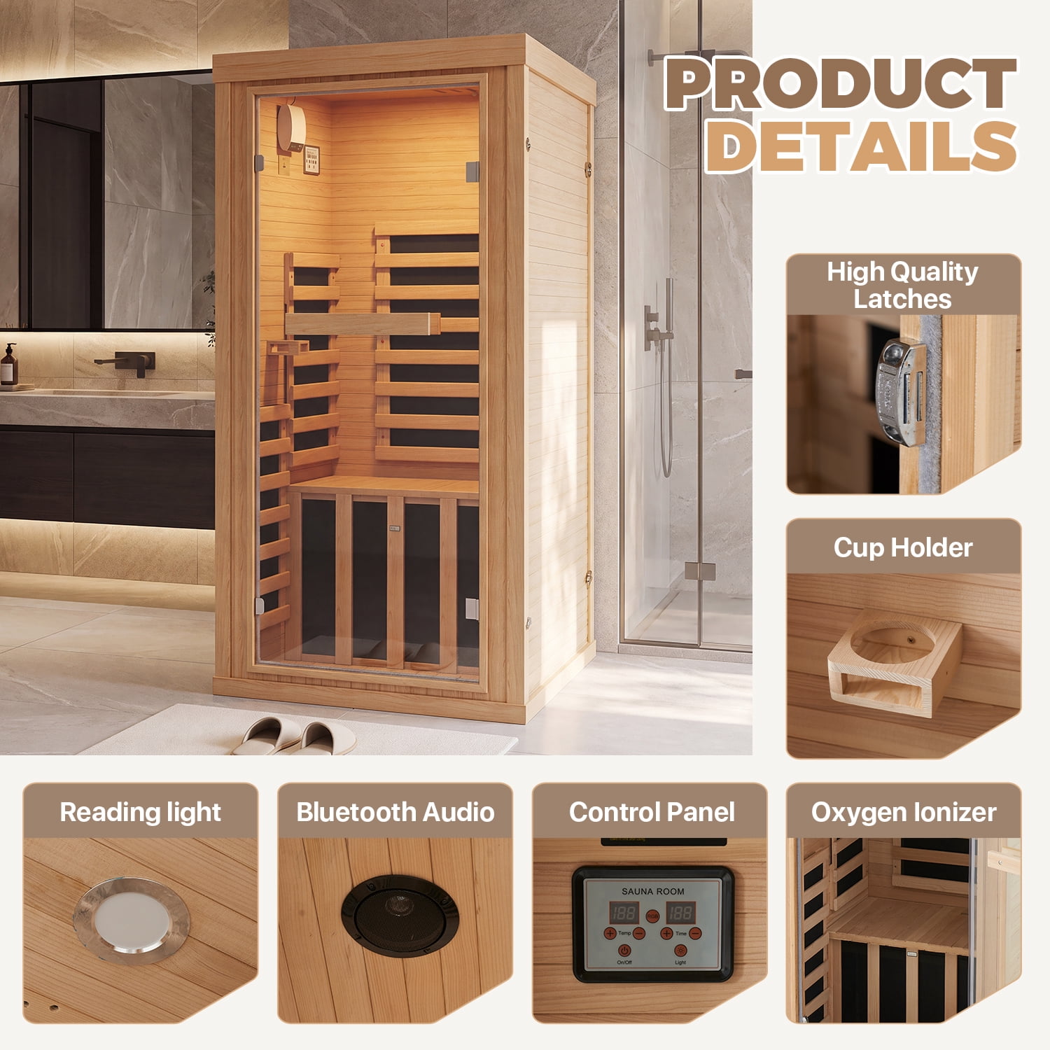 BaPiPro Infrared Sauna, 1-Person Home Far Wood Sauna with Whole Glass, Canadian Hemlock Dry Sauna Spa Room with Low EMF Carbon Fiber Panels, Indoor Sauna with LED Light & Bluetooth Speaker