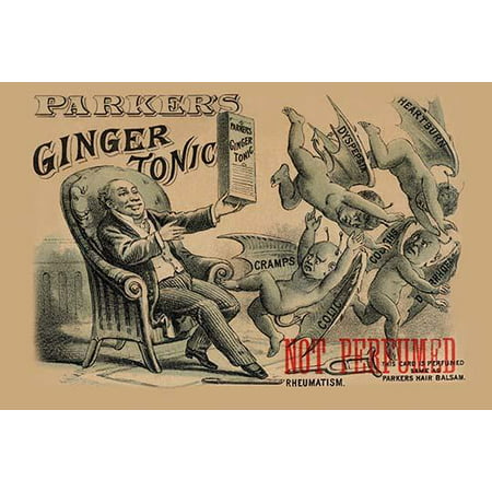 A Victorian trade card for Parkers Ginger Tonic  This cure all medicine worked on heartburn dyspepsia cramps colic coughs and diaherria  The maladies are represented as demons Poster Print by