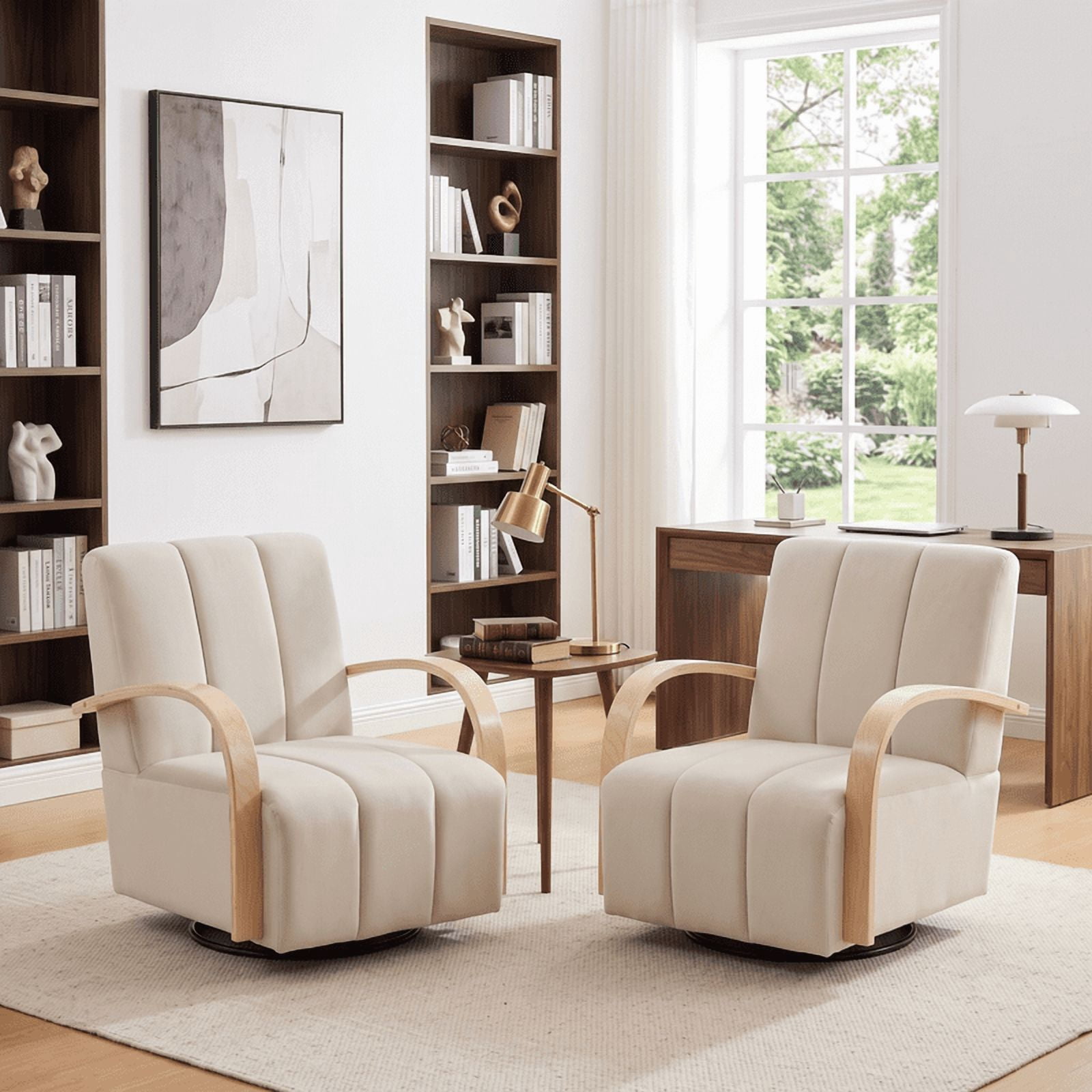 Gewnee Accent Chair, 360°Swivel Upholstered Reading Chair,Modern Armchair for Living Room, Bedroom & Home Office, Beige(Velvet)