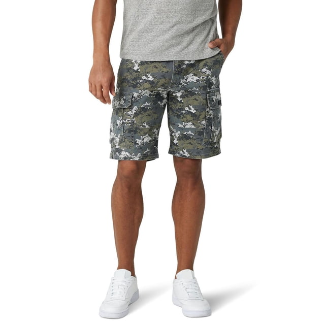 Wrangler men's stretch cargo shorts in green and gray camouflage pattern featuring multiple pockets.