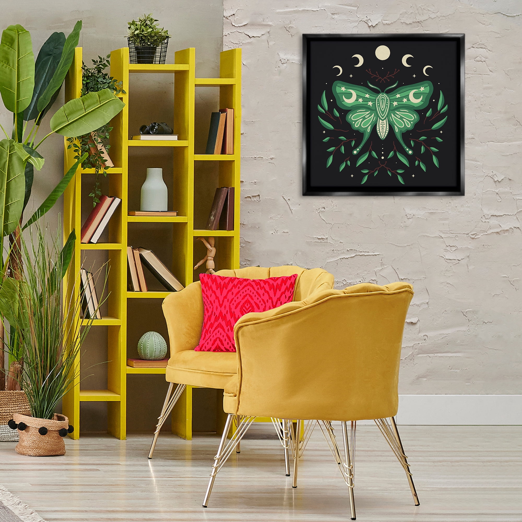 Stupell Industries Celestial Moth & Botanicals Animals Painting Black Floater Framed Canvas Art Print Wall Art, 25 x 25
