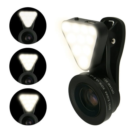 Phone Camera Lens, Rechargeable Selfie Ring Light 15X Macro Lens & Wide Angle Lens, 3 Adjustable Brightness Fill Light for Smartphone and Tablets