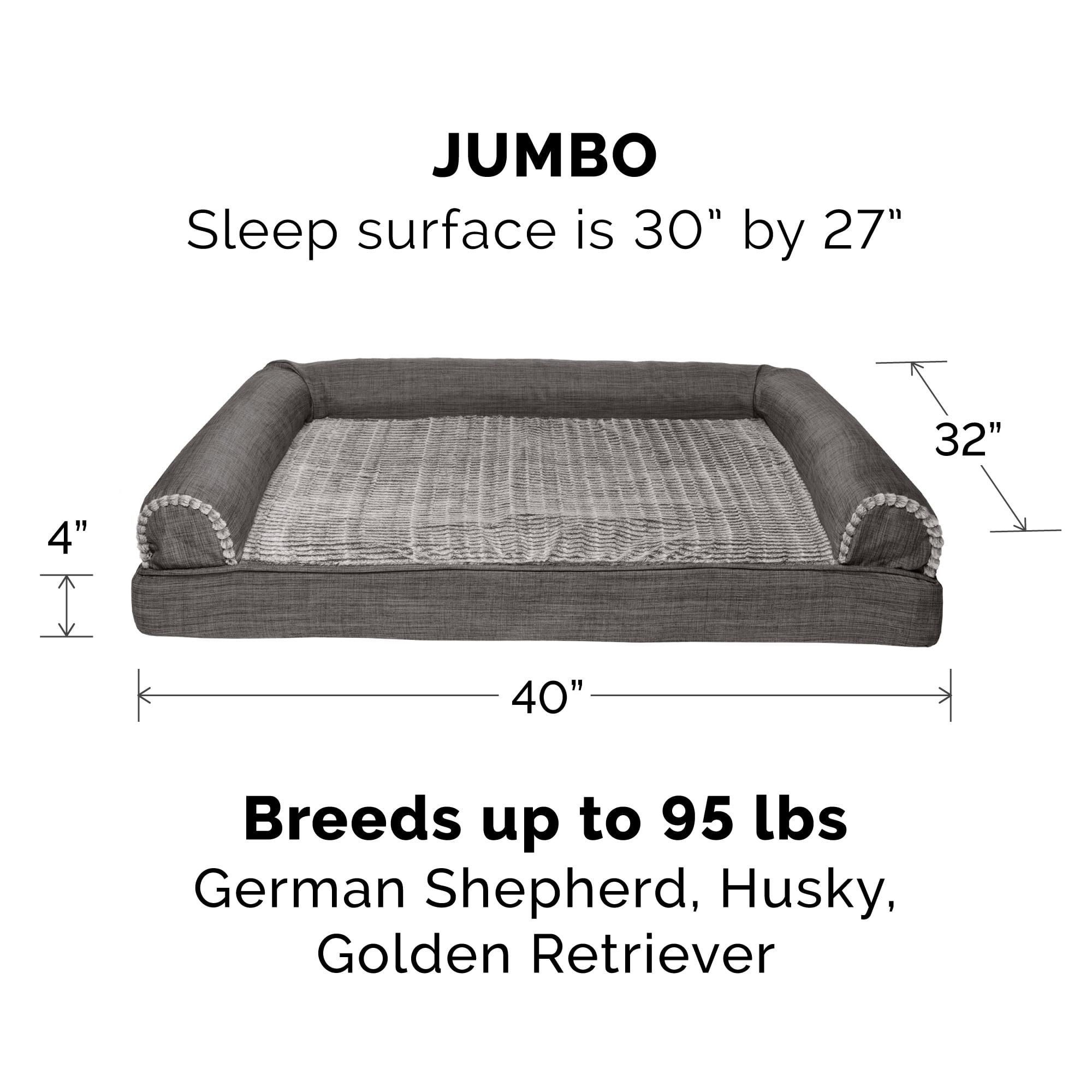 FurHaven Pet Products Luxe Fur & Performance Linen Memory Top Sofa Pet Bed for Dogs & Cats - Charcoal, Jumbo