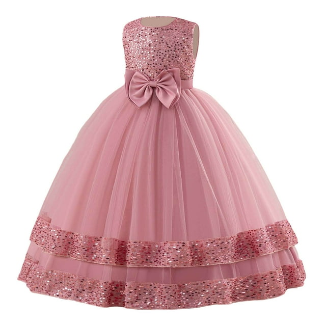 FYDUU Robe Tutu pour Tout-Petites Filles Robe de Soirée à Paillettes avec Nœud pour Filles Robe de Fête à Manches Longues pour Anniversaire, Concours et Performance sur Scène Robe de Fête Décontractée pour Enfants pour 9-10 Ans