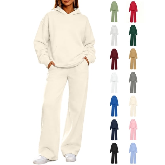 Xaqiouau Women's Hoodie and Wide Leg Pants Set Loose Fit Drop Shoulder Pullover Top Drawstring Sweatshirt Casual Two Piece Tracksuit Lounge Wear with Pockets Beige L