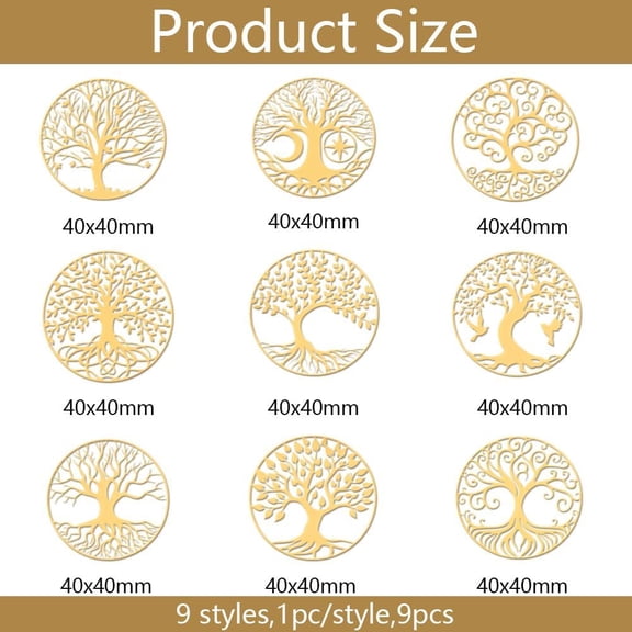 9pcs 1.6x1.6 inch Golden Metal Stickers Tree of Life Metal Sticker Tree Self Adhesive Stickers Plant Theme Epoxy Sticker for DIY Scrapbooks Epoxy Resin Decoration