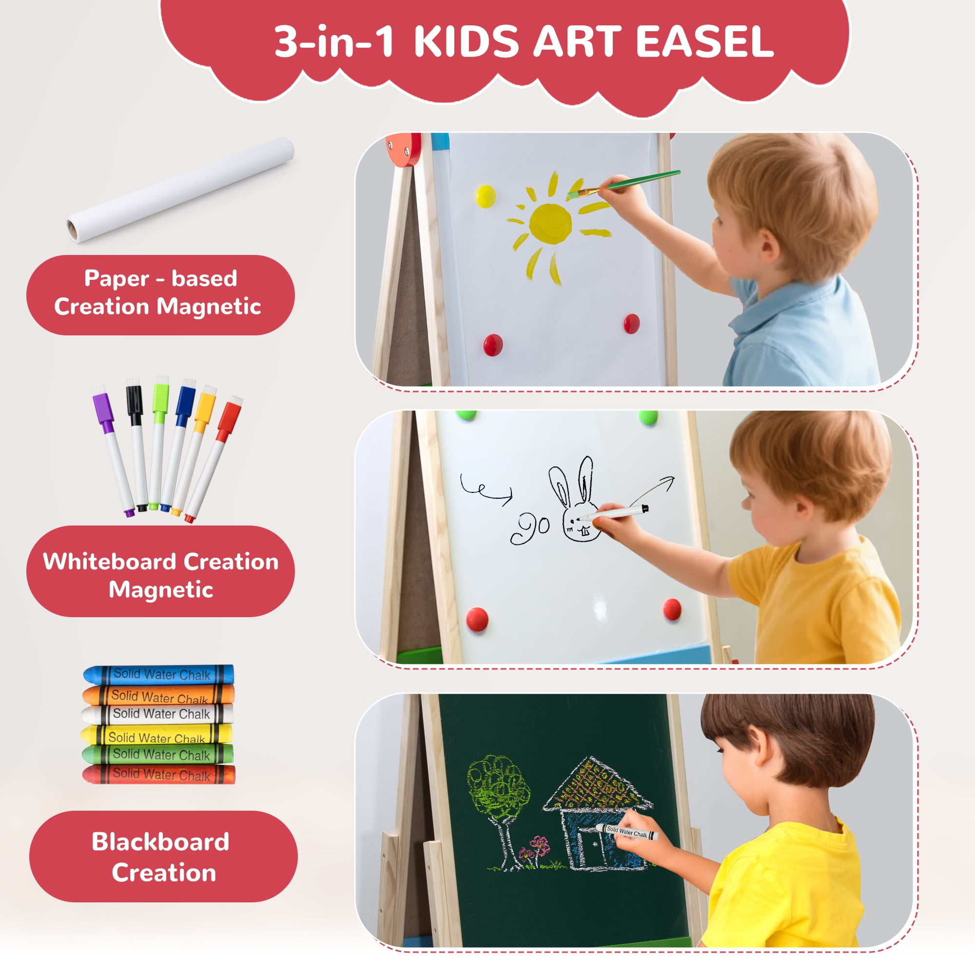 SaveJoy 3-in-1 Wooden Double Sided Kids Art Easel,Adjustable Standing Drawing Board with Accessories for Boys & Girls,Red