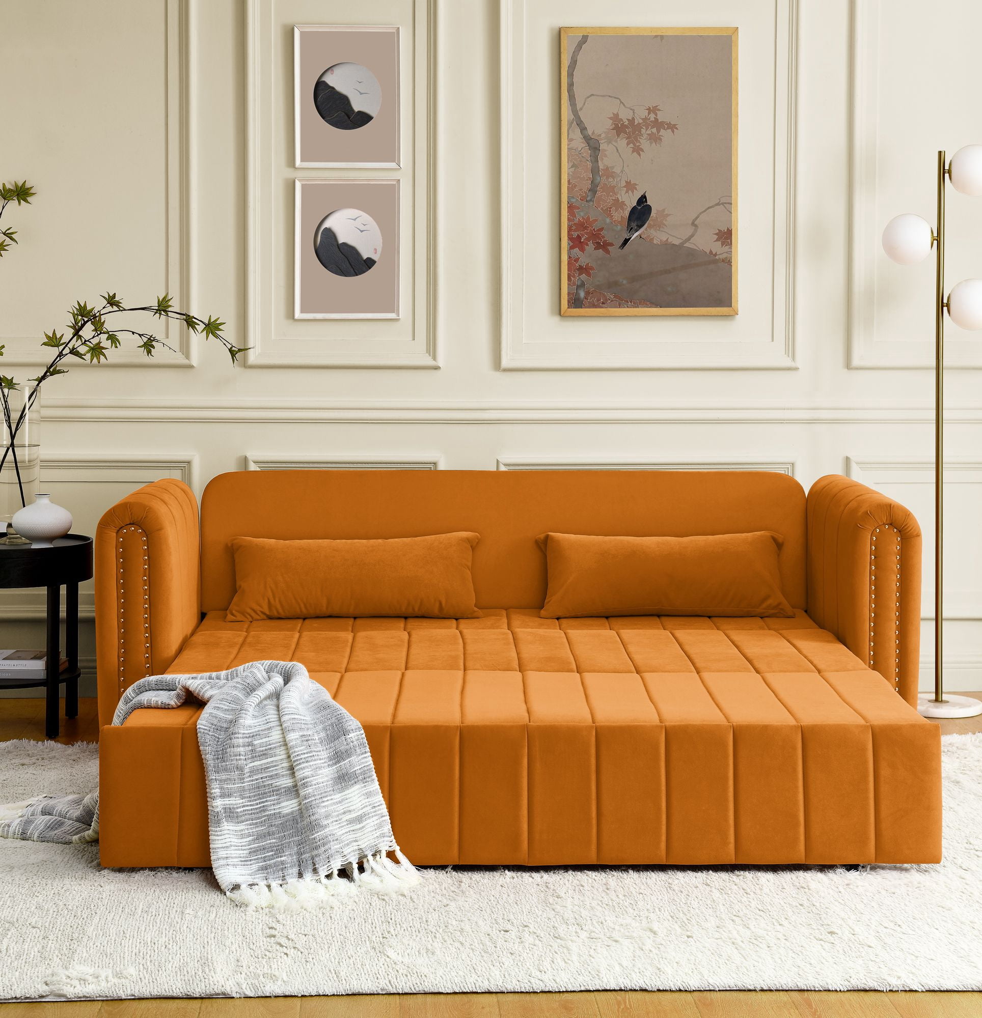 Aukfa 82" Pull Out Couch, Convertible 3 In 1 Sleeper Sofa Bed with Two Drawers, 3 Seater Sofa, Orange