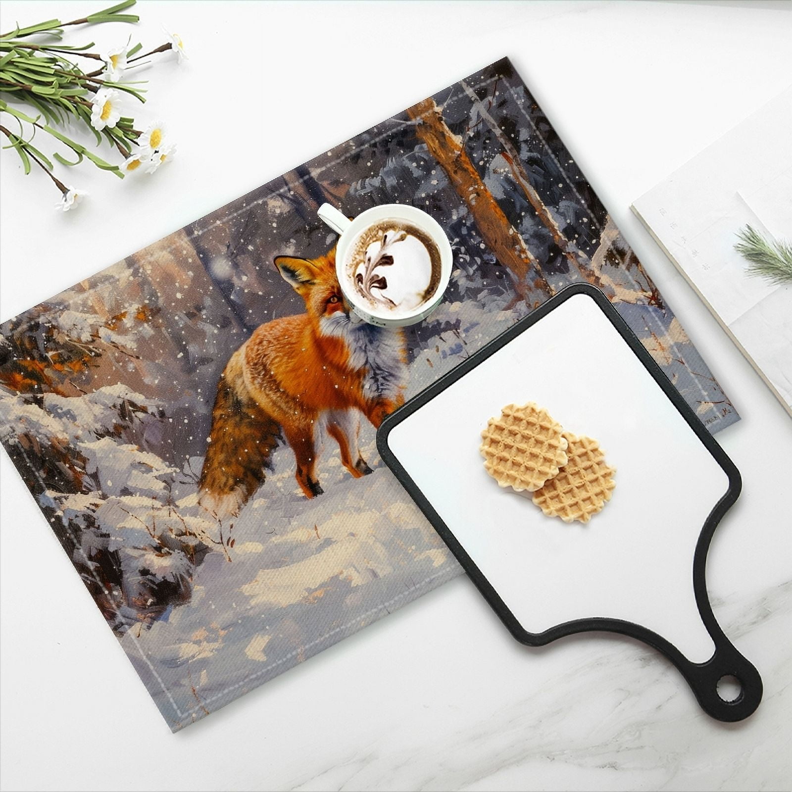 BaHomeck placemats Set of 4 Red Fox In The Snow Cotton Linen rectangle Placemats for Kitchen Dining Table Indoor,Outdoor,18*12inch