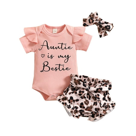 

Suanret 3Pcs Infant Baby Girls Tops and Shorts Set Letter Short Sleeve Romper + Leopard Short Pants + Headband Pink 6-12 Months