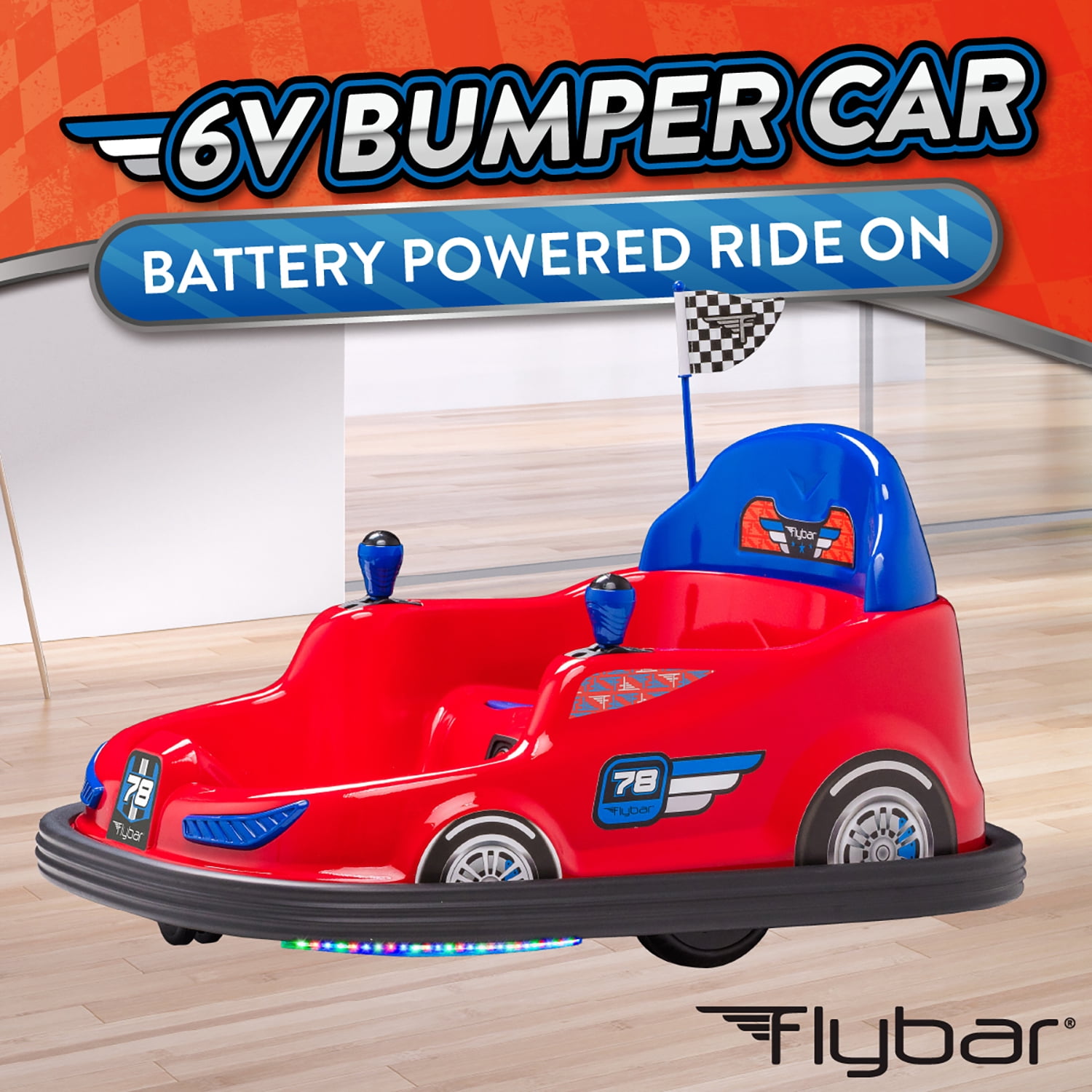 Kid Trax 6V Bumper Car Ride-On Toy, Red, 360° Spin with LED Lights, Soft Bumpers, Safety Belt