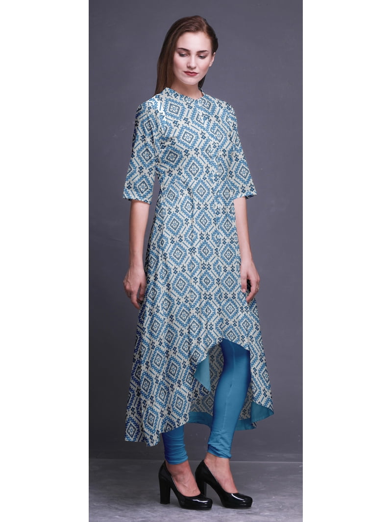 Bimba Blue Ethnic Ikat Indian Ethnic Wear For Women Printed Anarkali Kurti Asymmetrical Dress-X-Large