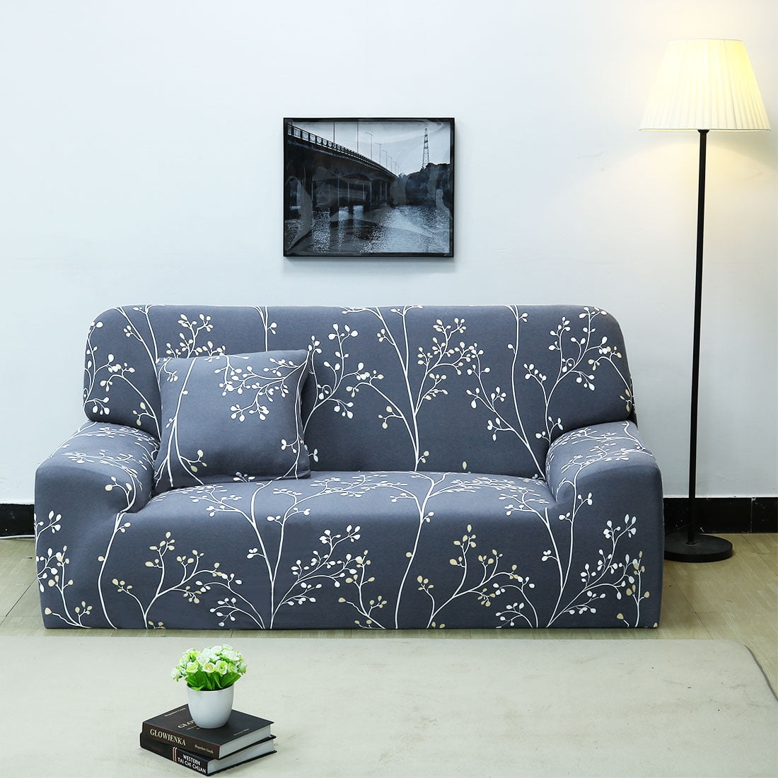 Unique Bargains 1-Piece Contemporary Floral Stretch XL sofa slip cover, Blue