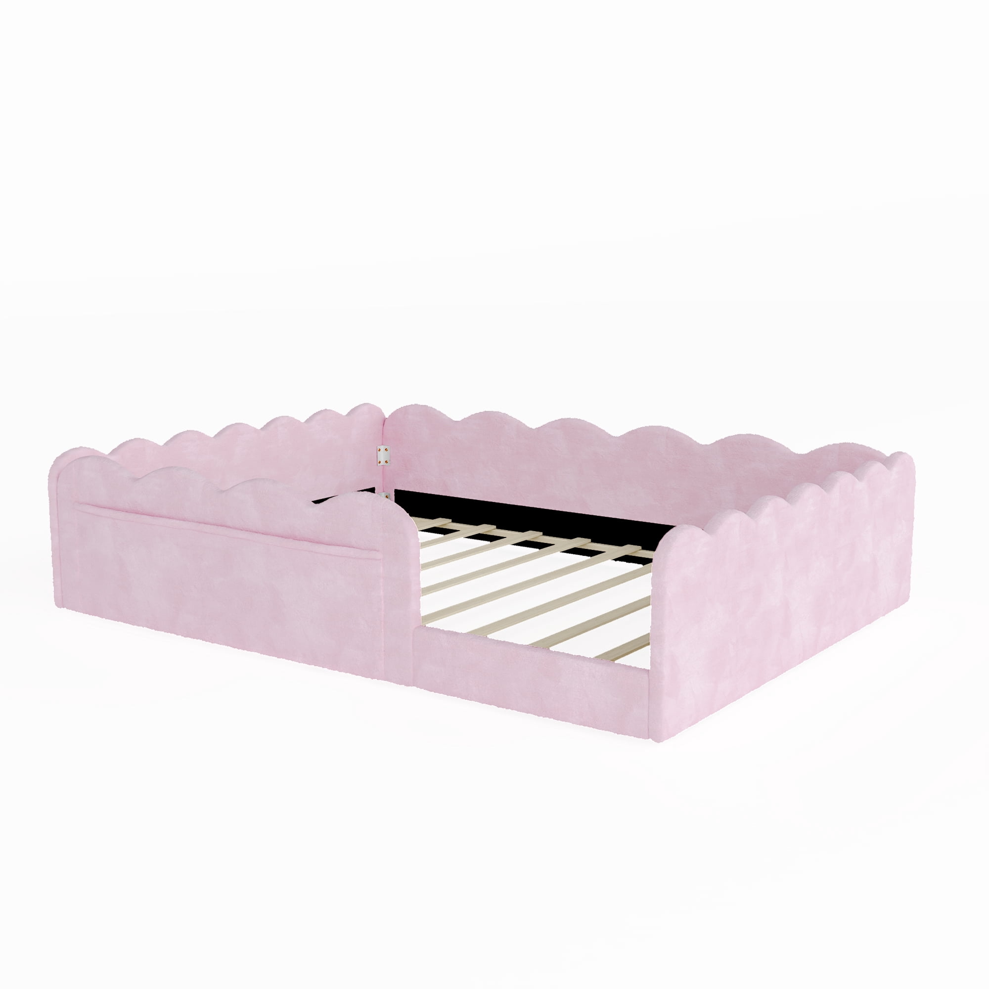 Howcool Montessori Upholstered Floor Bed with Soft Wave Guardrails,Full Size Rabbit Plush Toddler Bed with Storage Pockets,Pink
