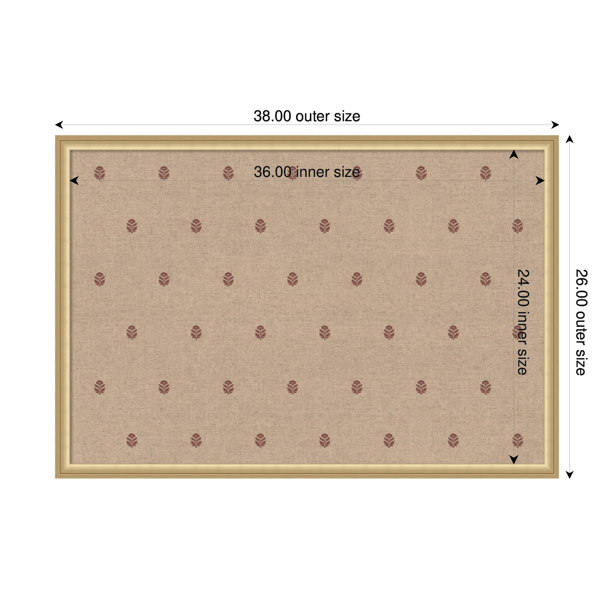 Kate and Laurel Framed Fabric Pinboard 38 x 26, Red Botanical Block Print Printed Linen Classic Bulletin Board for Use as a Vision Board or Wall Organization, Florence Gold Frame