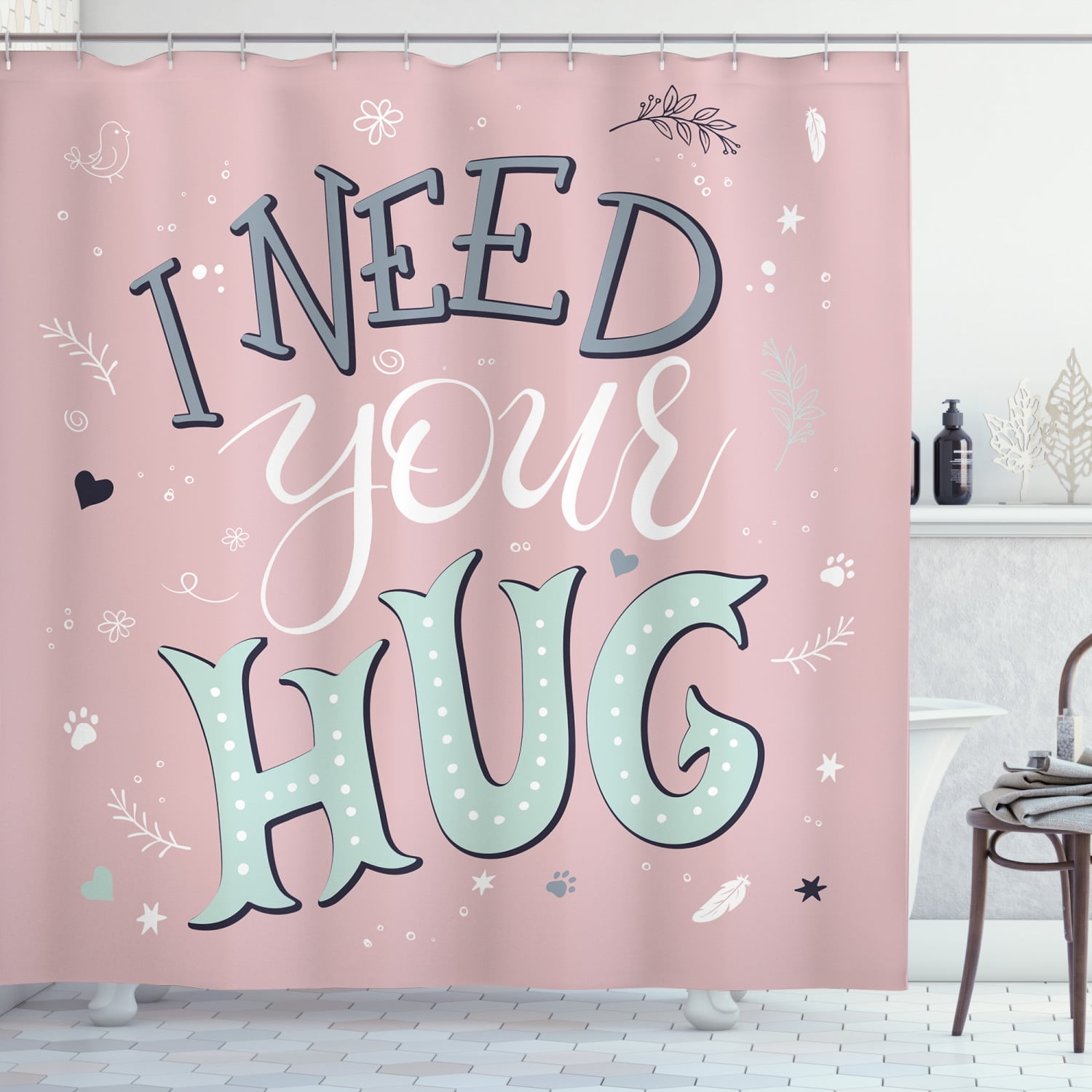 Hug Shower Curtain, I Need Your Hug Saying in Pastel Tone with Paw