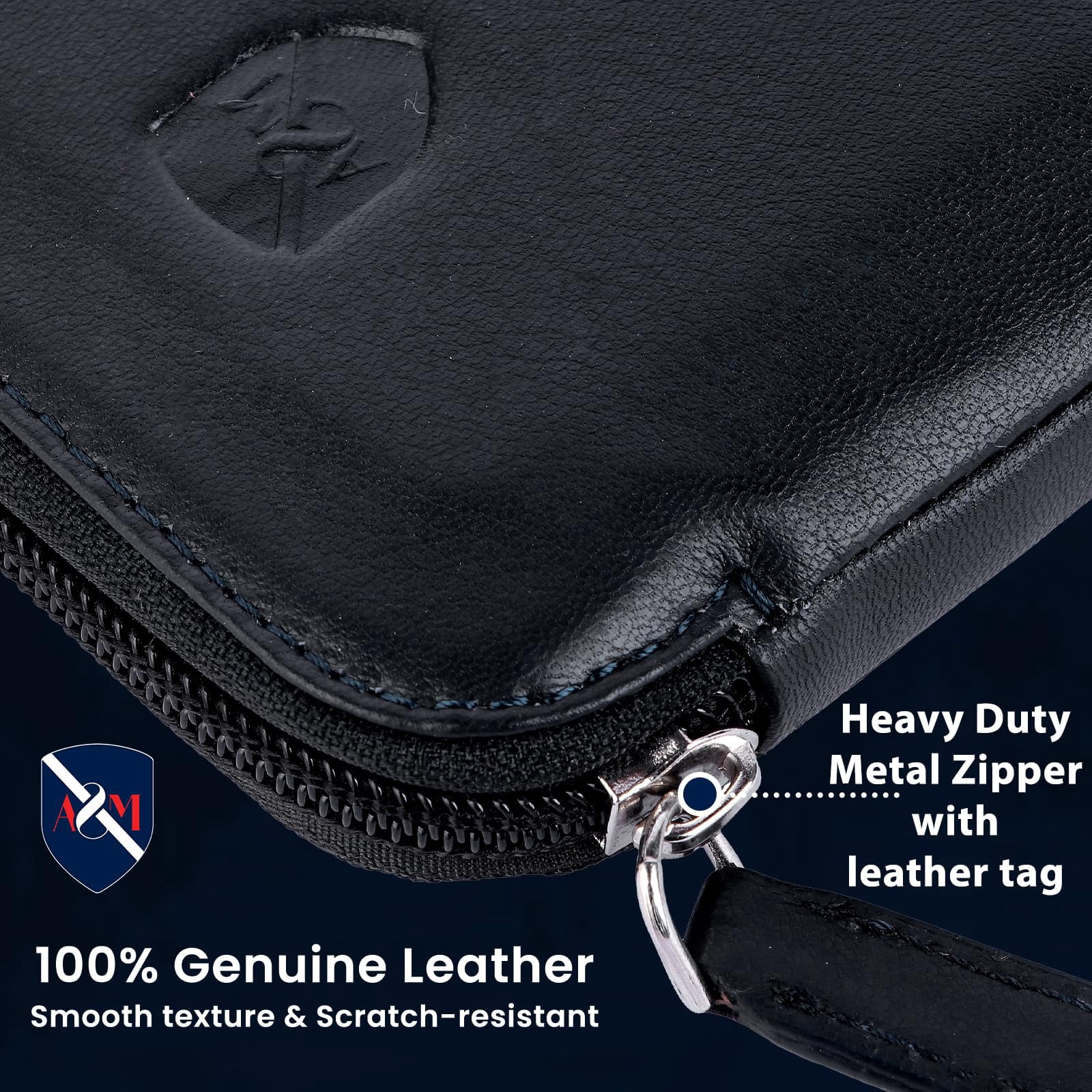 ALLEN & MATE Genuine Leather Phone Pouch Case Sleeve with Zip – Slim Mobile Phone Holder Wallet for Passport ID and Cards Fits iPhone 17 Pro Max, 16, 15 Samsung Galaxy S25 & Android - Navy Blue