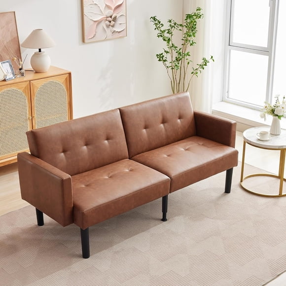 75.5" Convertible Futon Sofa Bed, PU Leather Loveseat with Wood Legs