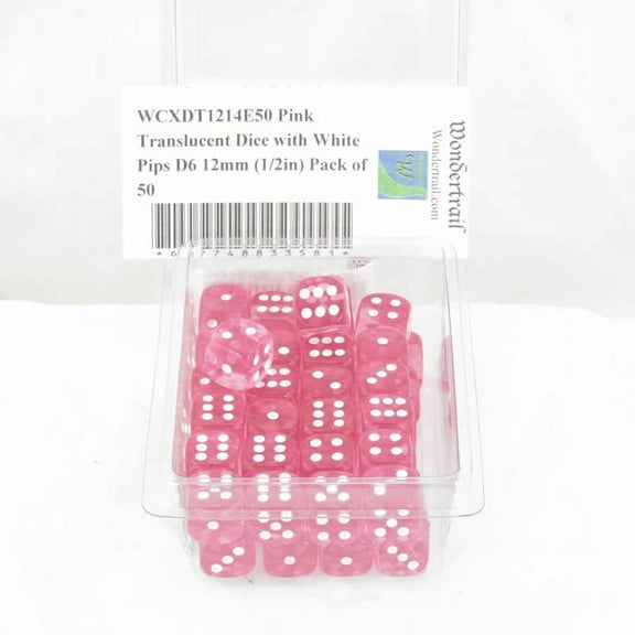 Pink Translucent Dice with White Pips D6 12mm (1/2in) Pack of 50 Wondertrail