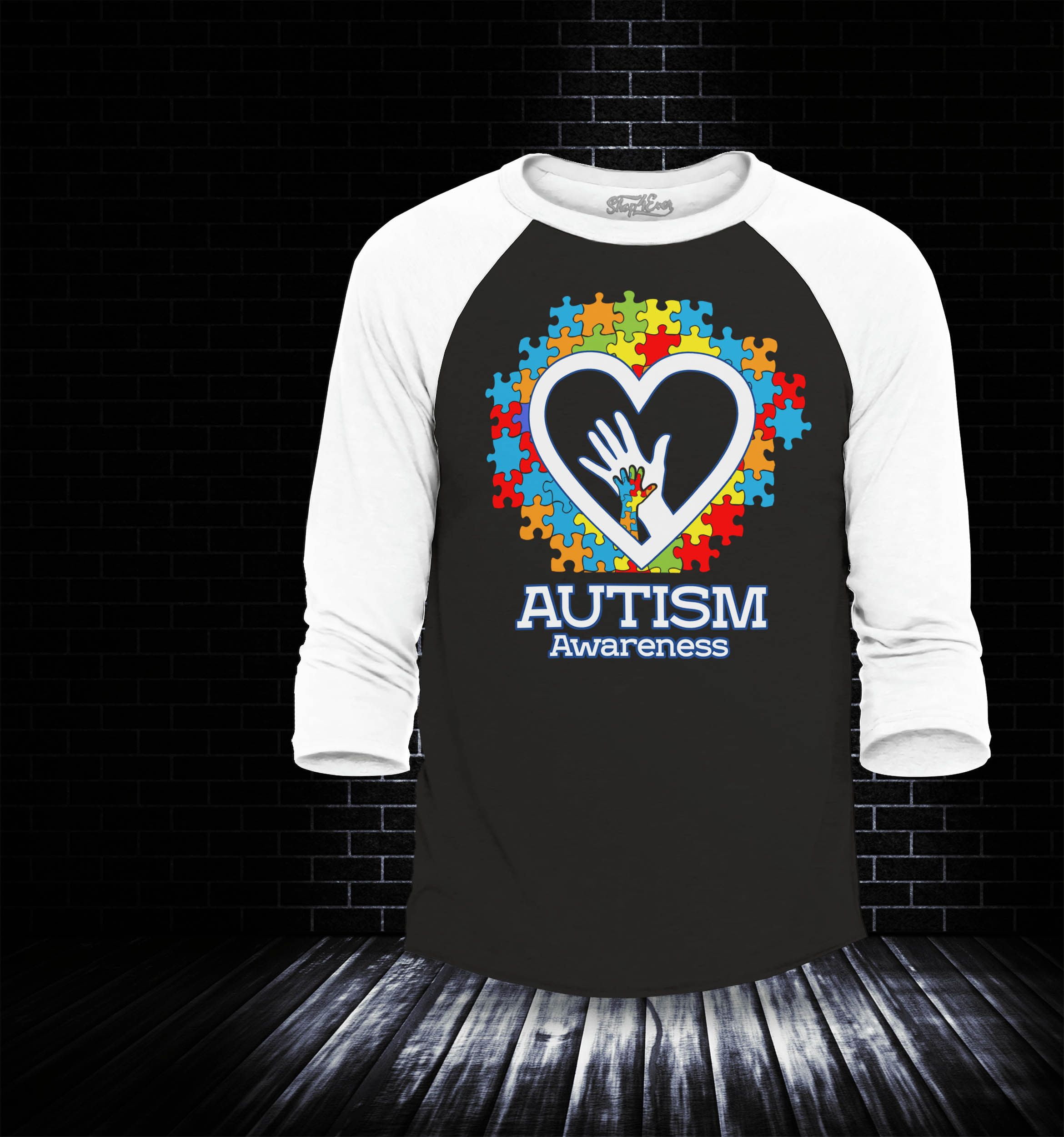 Shop4Ever Men's Autism Awareness Hands Puzzle Heart Raglan Baseball Shirt Small Black/White