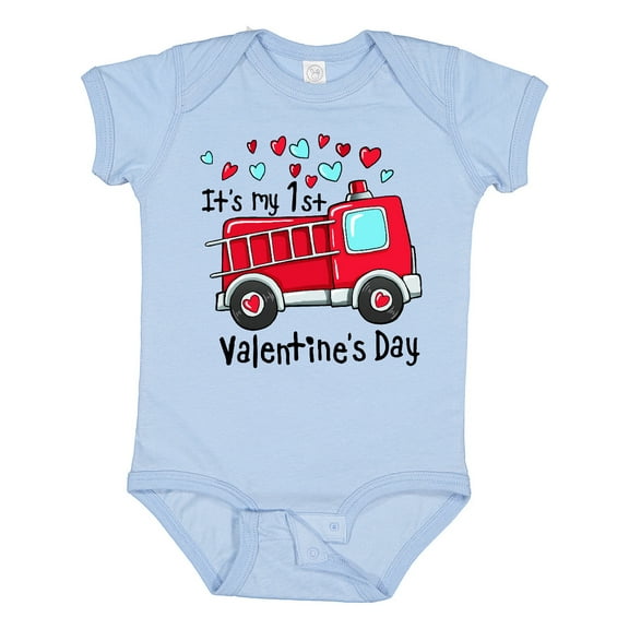 Inktastic It's My 1st Valentine's Day Fire Truck Boys or Girls Baby Bodysuit