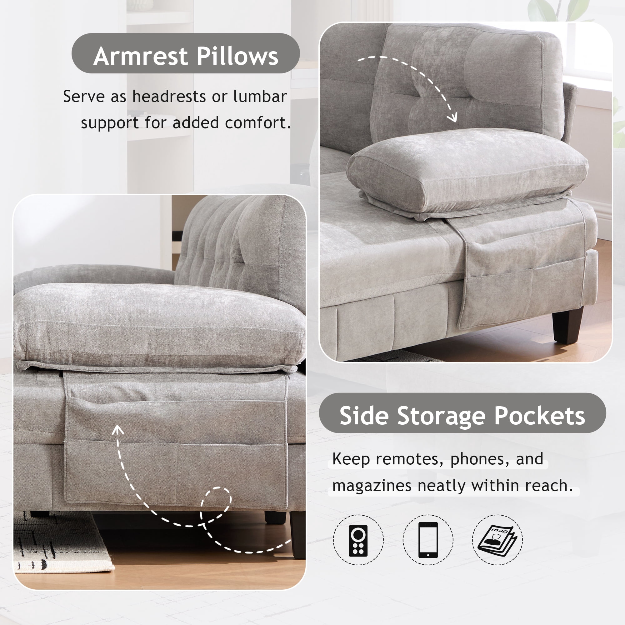 Leumius U Shaped Sectional Sofa, 103.5" Chenille Fabric Couch with Double Chaise Lounges, U Shaped Couch for Living Room, Gray