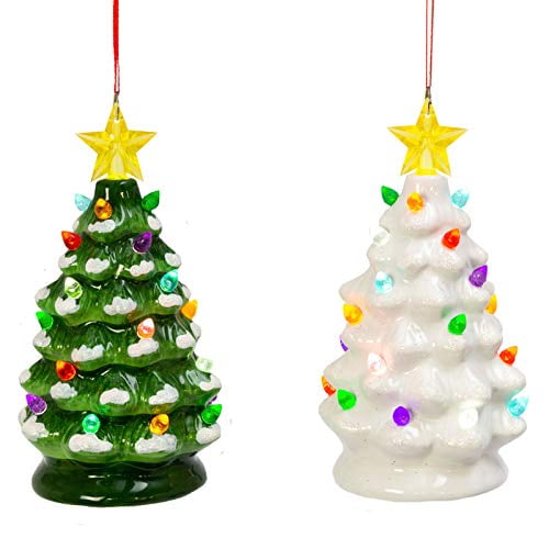 Set of 2 White and Green 6.3" Battery Operated Mini Ceramic Christmas