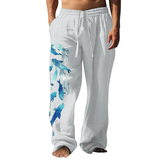 White Cargo Pants, Linen Men Cargo Pants, Golf Pants Men, 3D Print Men's Side Pockets Elastic Drawstring Design Pants Trousers Straight Leg Trousers Outdoor Holiday