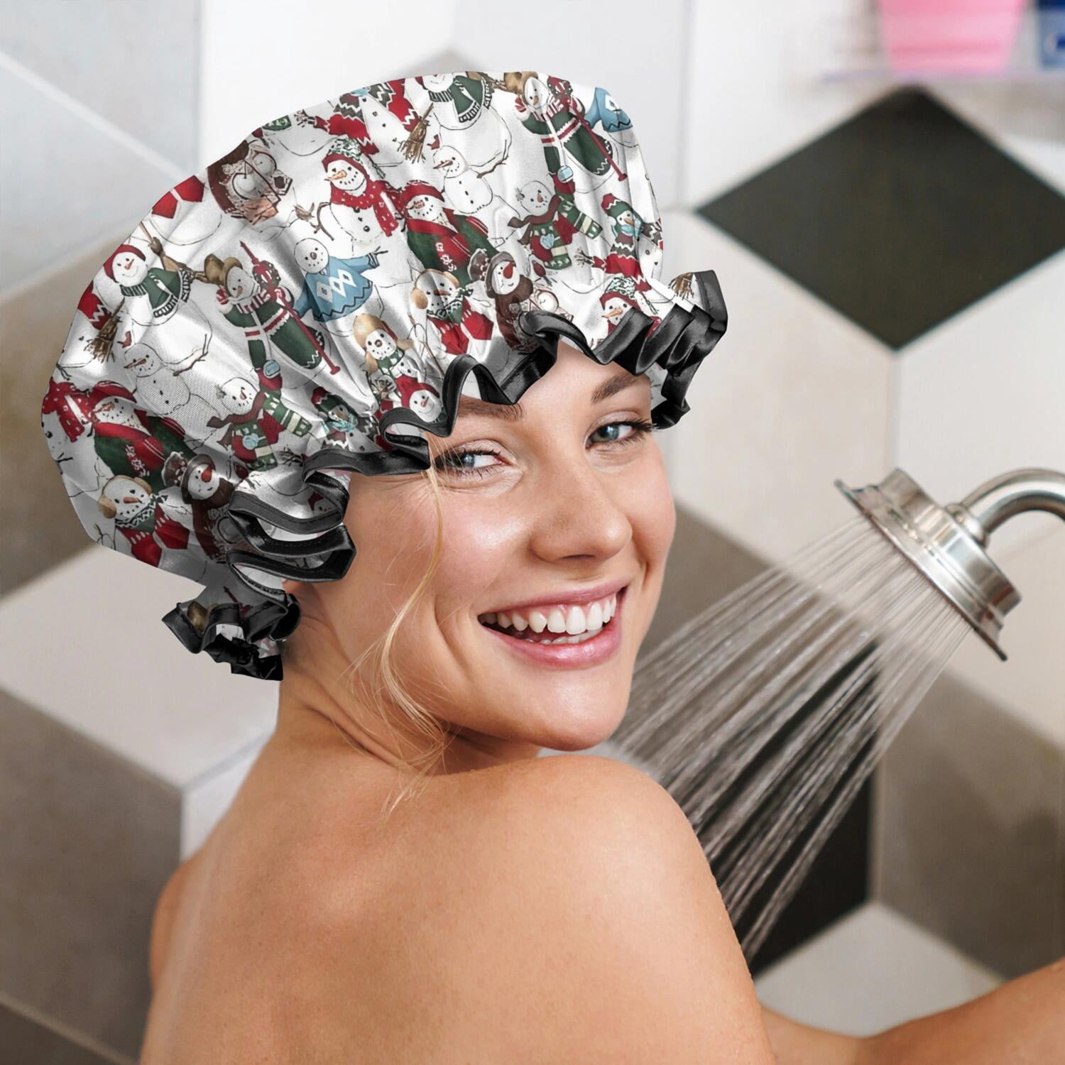 Shower Caps,White Christmas Snowman Pattern Waterproof Shower Cap for Women 4 Pieces,Double Reusable Hair Cover for Shower PEVA Elastic Stretch Hem