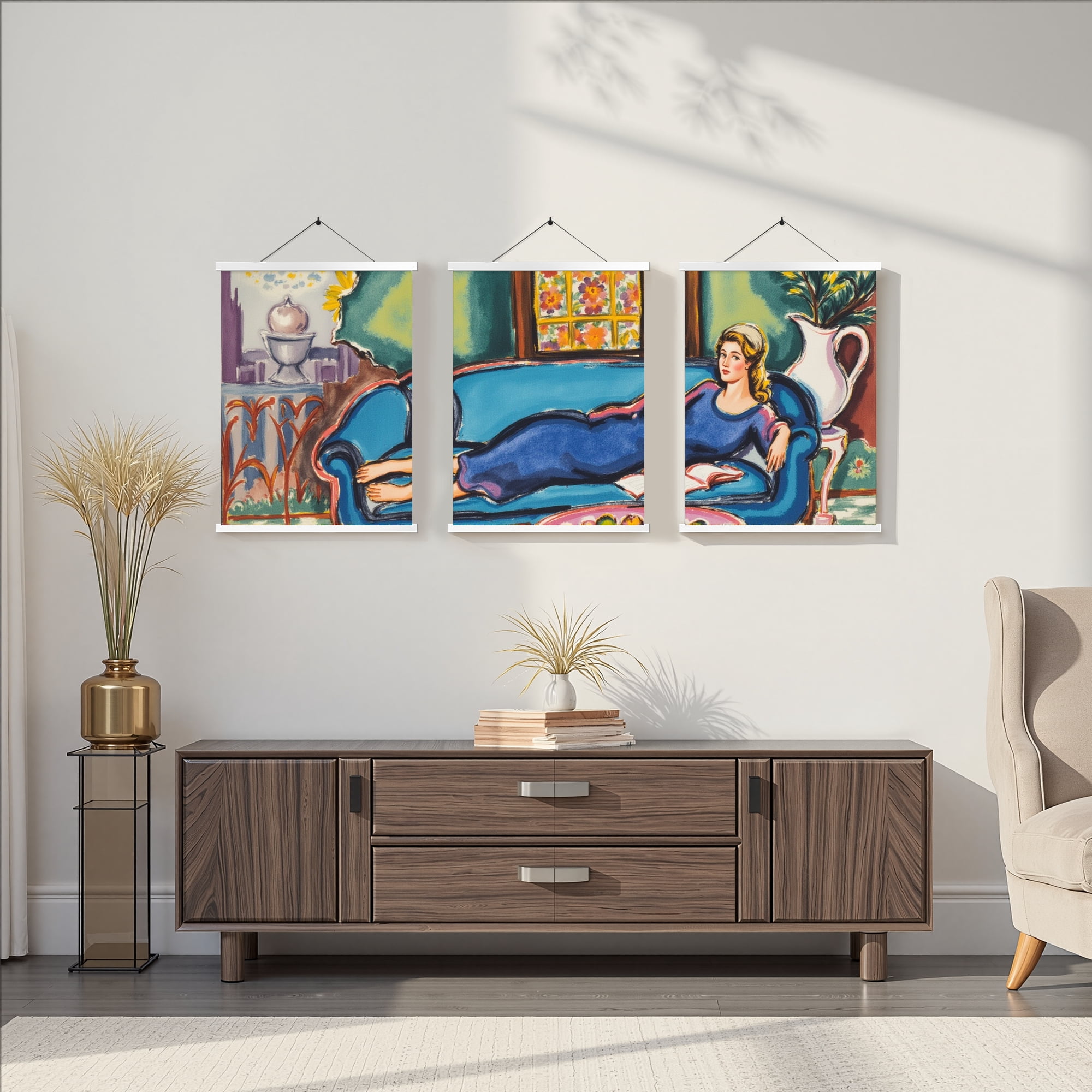 MAYEERTY Modern Abstract Wall Art Painting, Living Room Decor, White Hanging Rod Frame, 15.7"x11.8"
