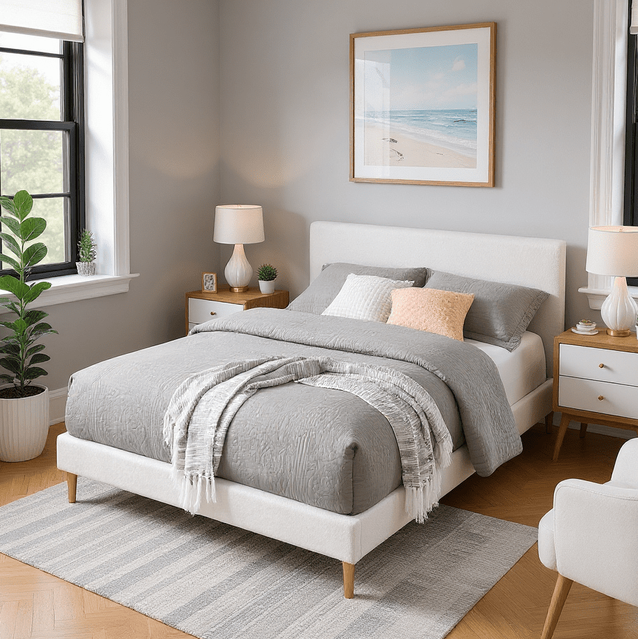 King Size Upholstered Platform Bed Frame with Headboard, Solid Wood Slat Support, White, No Box Spring Needed, Easy Assembly