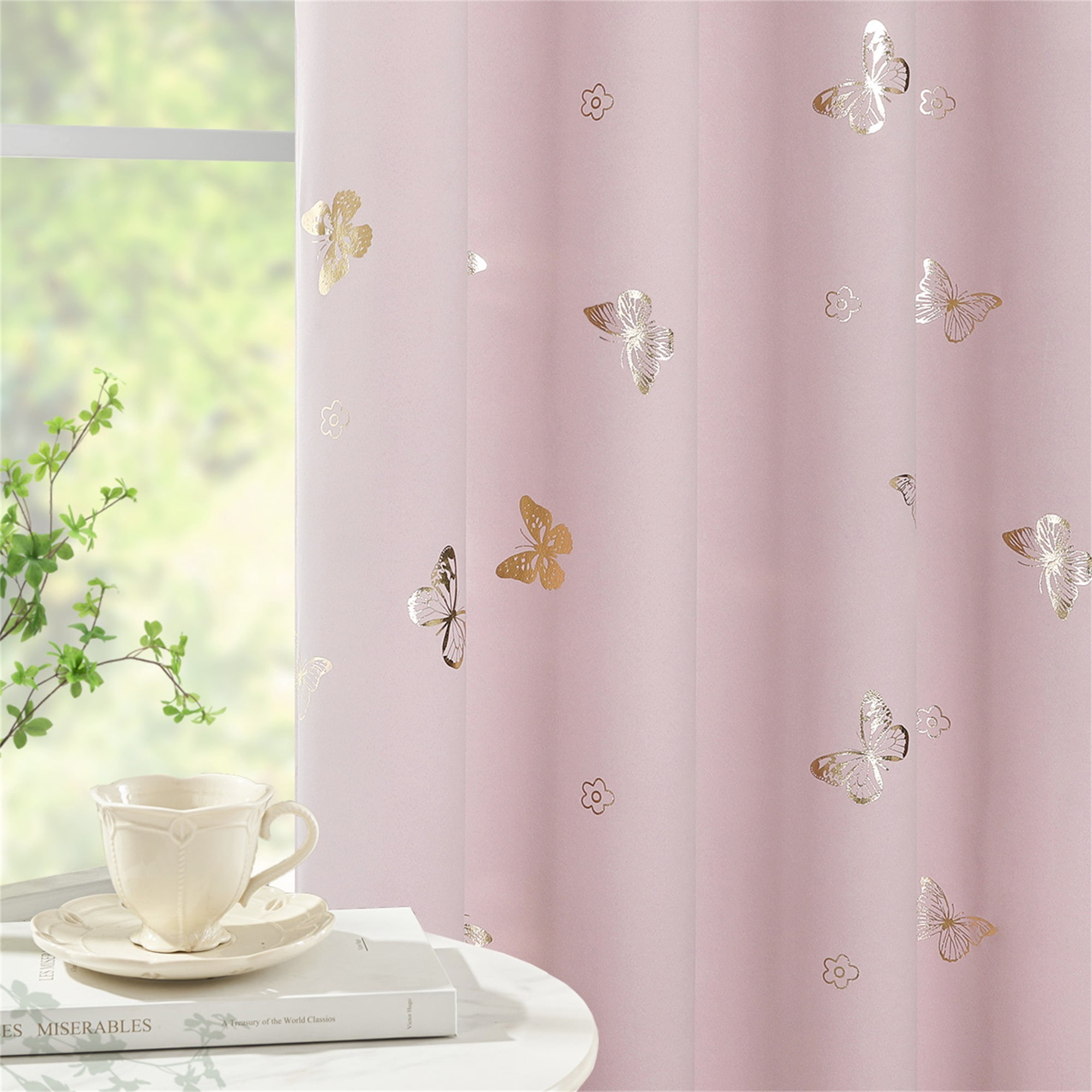 Flowpartex Pink Butterfly Blackout Curtains 2 Panels 84"L×52"W for Baby Girls Nursery Bedroom, Kids Gold Metallic Floral Print Room Darkening Window Drapes for Bedroom Living Room