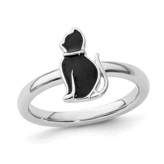Bague de Chat en Argent Sterling Émaillée Noire