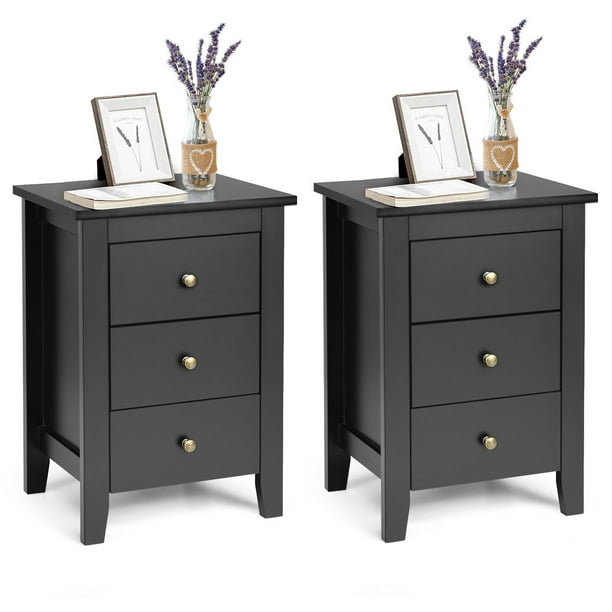 Costway Set of 2 Nightstand End Beside Sofa Table w/ 3 Drawers Bedroom