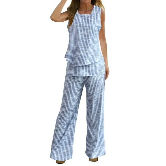Women's 2025 Spring Summer 2-Piece Outfits Sleeveless Crop Top & Print Wide Leg Pants, Trendy, Versatile