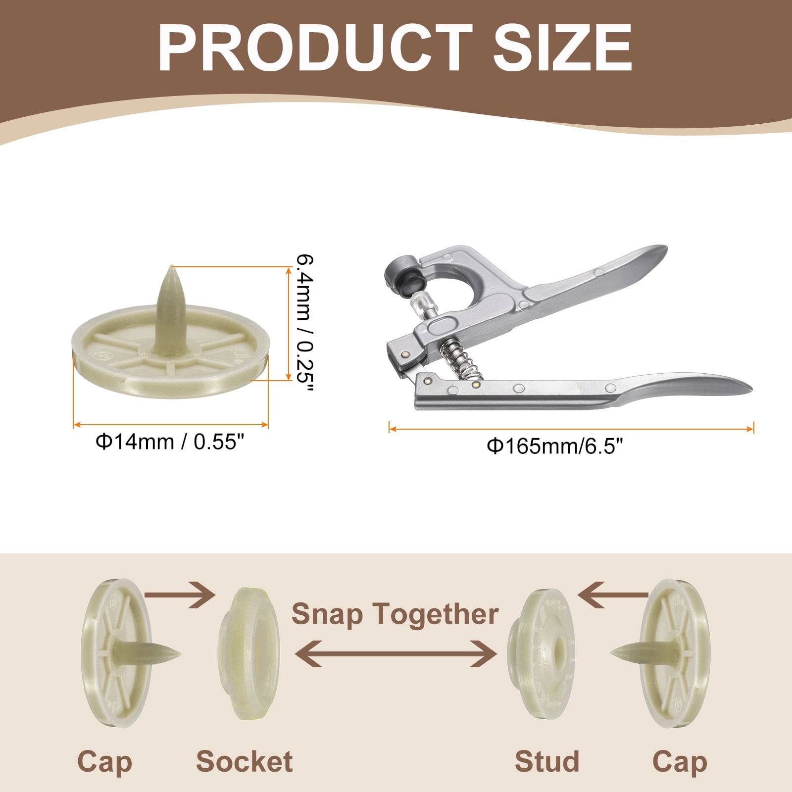 Uxcell Plastic Snaps Fasteners with Snap Pliers, 100 Set T8 Round Resin No-Sew Button Snap Fasteners Kit Beige